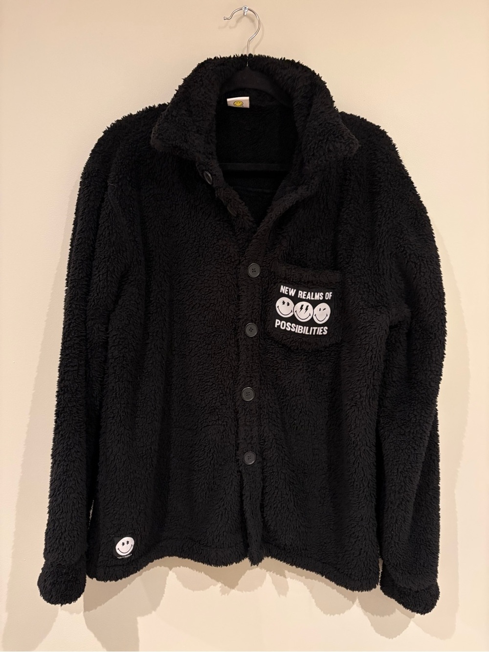 Black Sherpa Button-Front Cardigan with Smiley Pocket